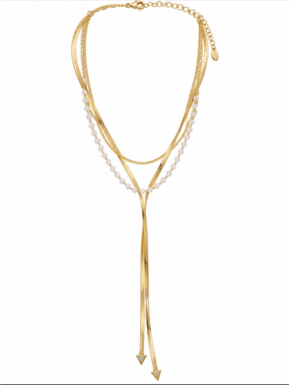 Gold Beaded Layered Lariat Necklace White Beads, Gold Chain and Gold Herringbone - Picture 2 of 6